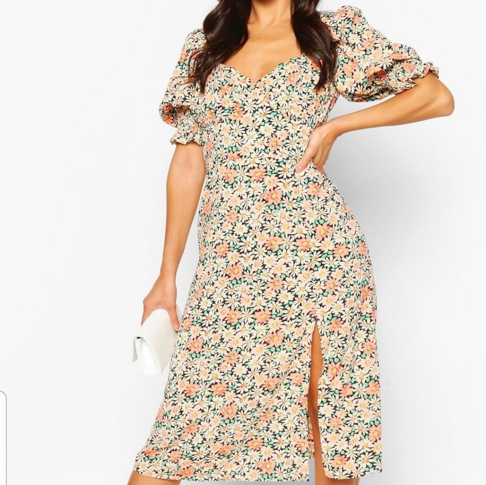 Floral Puff Sleeve Slit Front Midi Dress